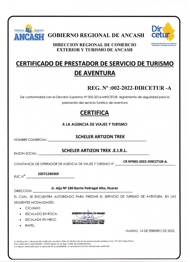 Certificado de Prestador de Servicio de Turismo de Aventura Dircetur Ancash